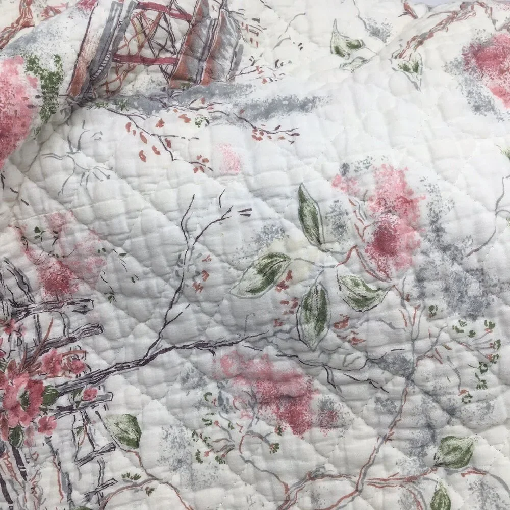 Vtg Pink White Floral Quilted Bedspread Coverlet Cottagecore 75x77” READ Distres